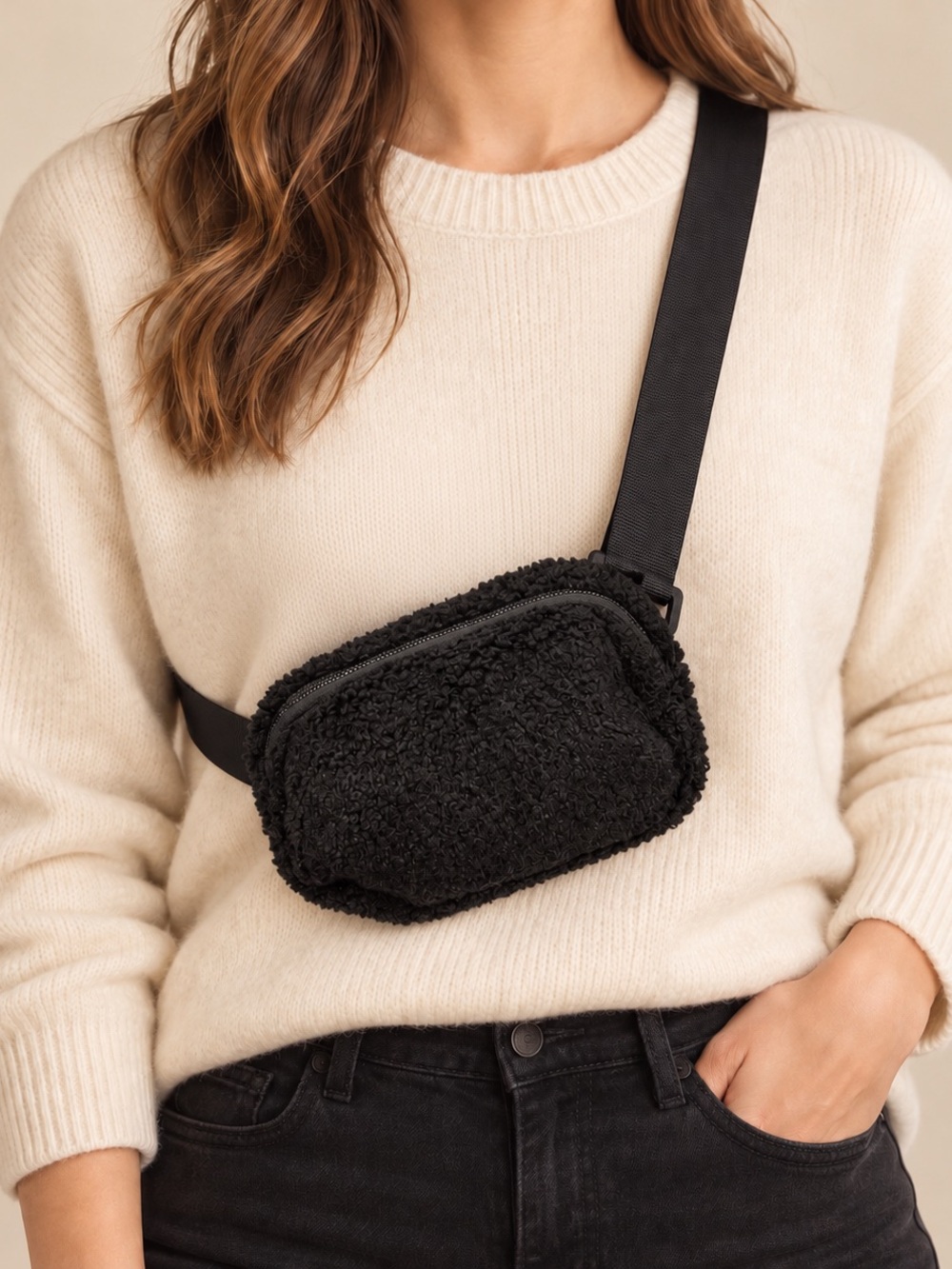 NWOT Plush Sherpa Crossbody Belt Bag - Black